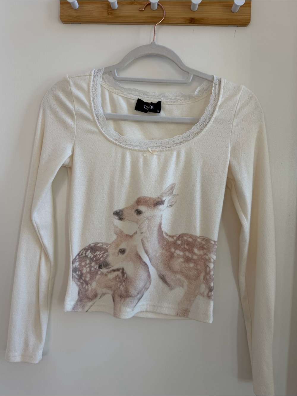 Cider Cream Lace-Neck Deer Graphic Long Sleeve Top - Picture 2 of 4